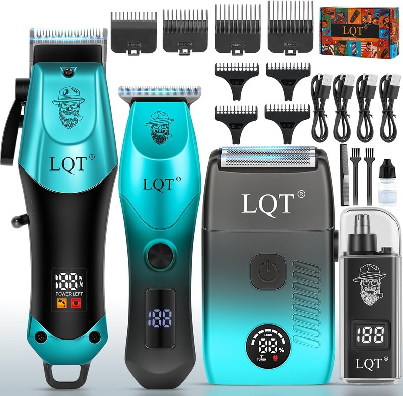 Men's Hair Clippers Kit - 4-in-1 Grooming Set with Nose Trimmer & Electric Shaver | Wireless USB Rechargeable, Blue Ombre Design