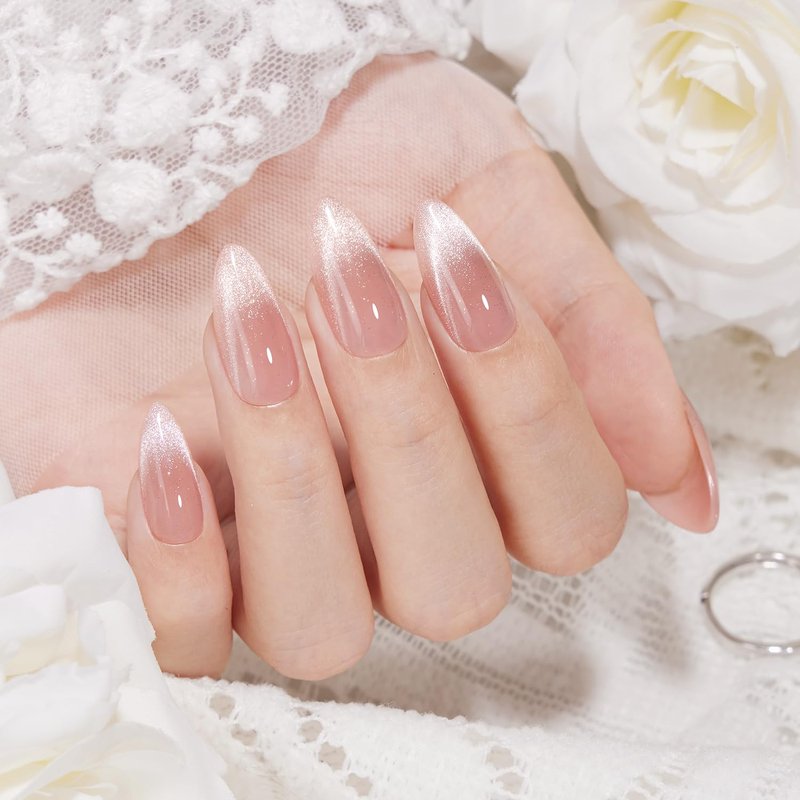 Press On Nails Almond Medium - Cat Eye French Tip Nude Pink Sparkly | 32 Pcs, Reusable, Semi-Transparent for Spring Weddings