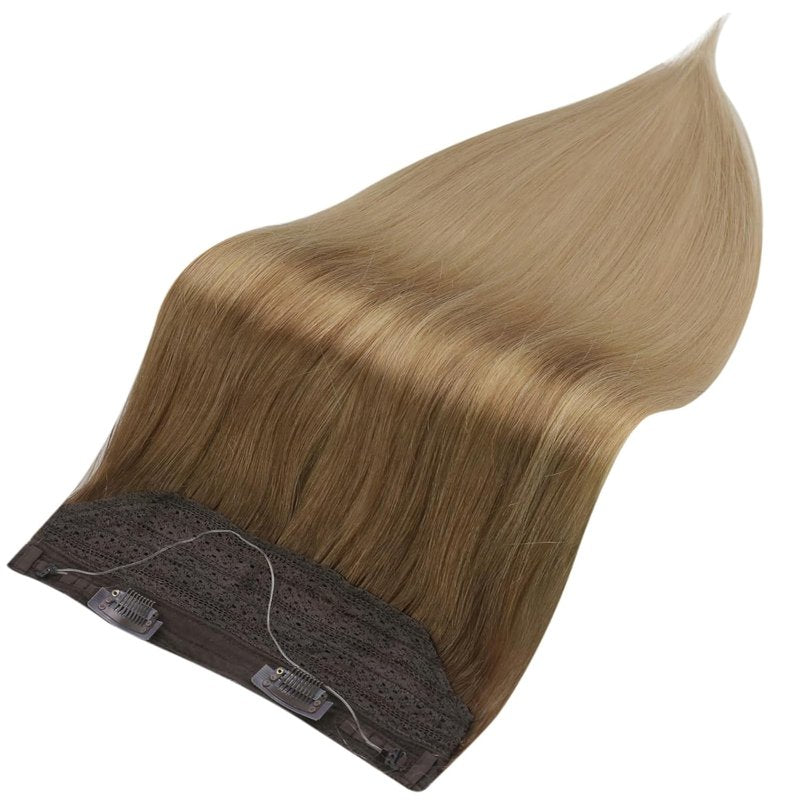 Invisible Wire Hair Extensions - 12 Inch Real Human Hair | Golden Brown to Dirty Blonde, 70g Fishing Line Secret Hairpiece