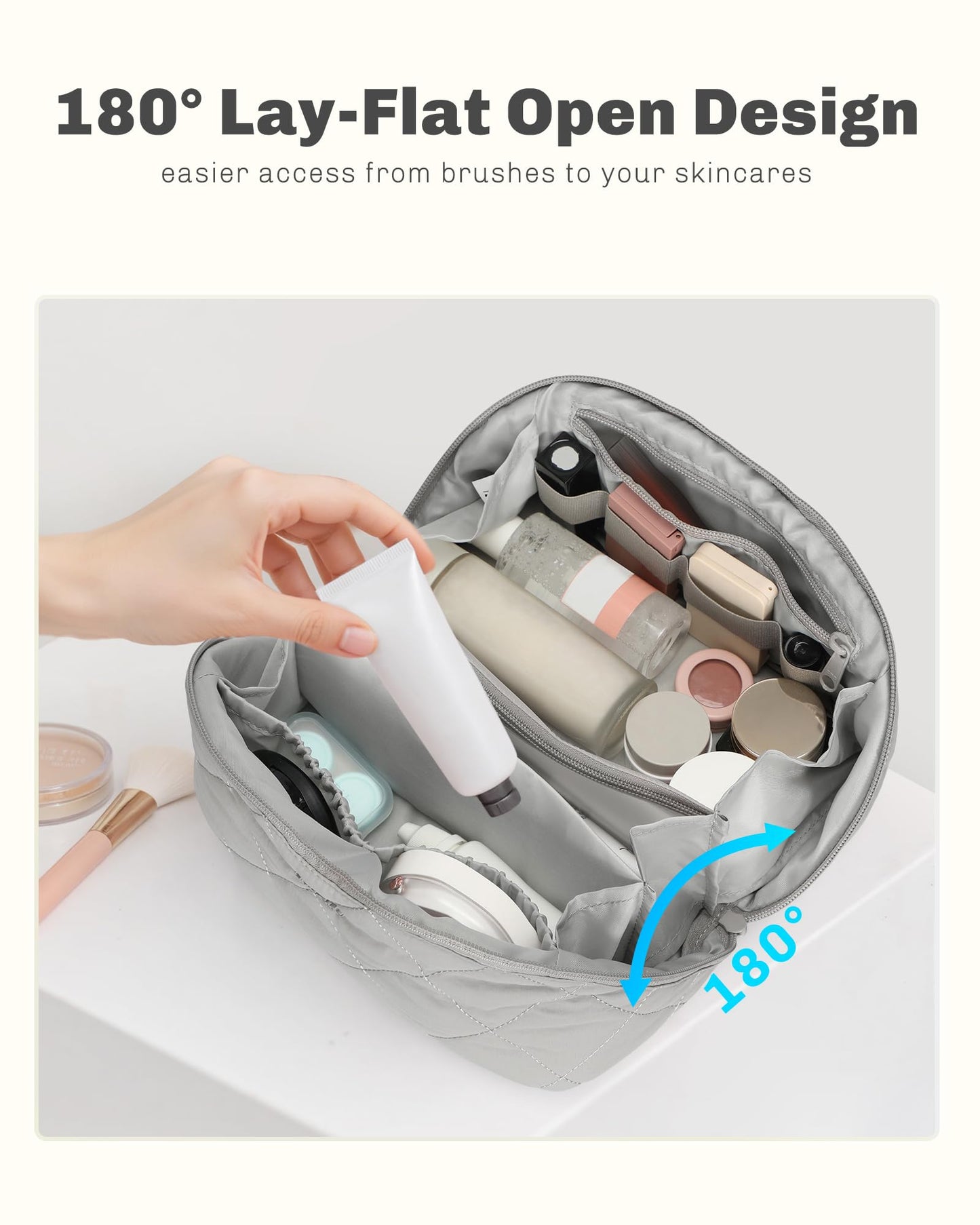 Hynes Eagle Travel Makeup Bag for Women Puffy Cosmetic Organizer Pouch Open Flat Toiletry Bag for Toiletries, Brushes Grey