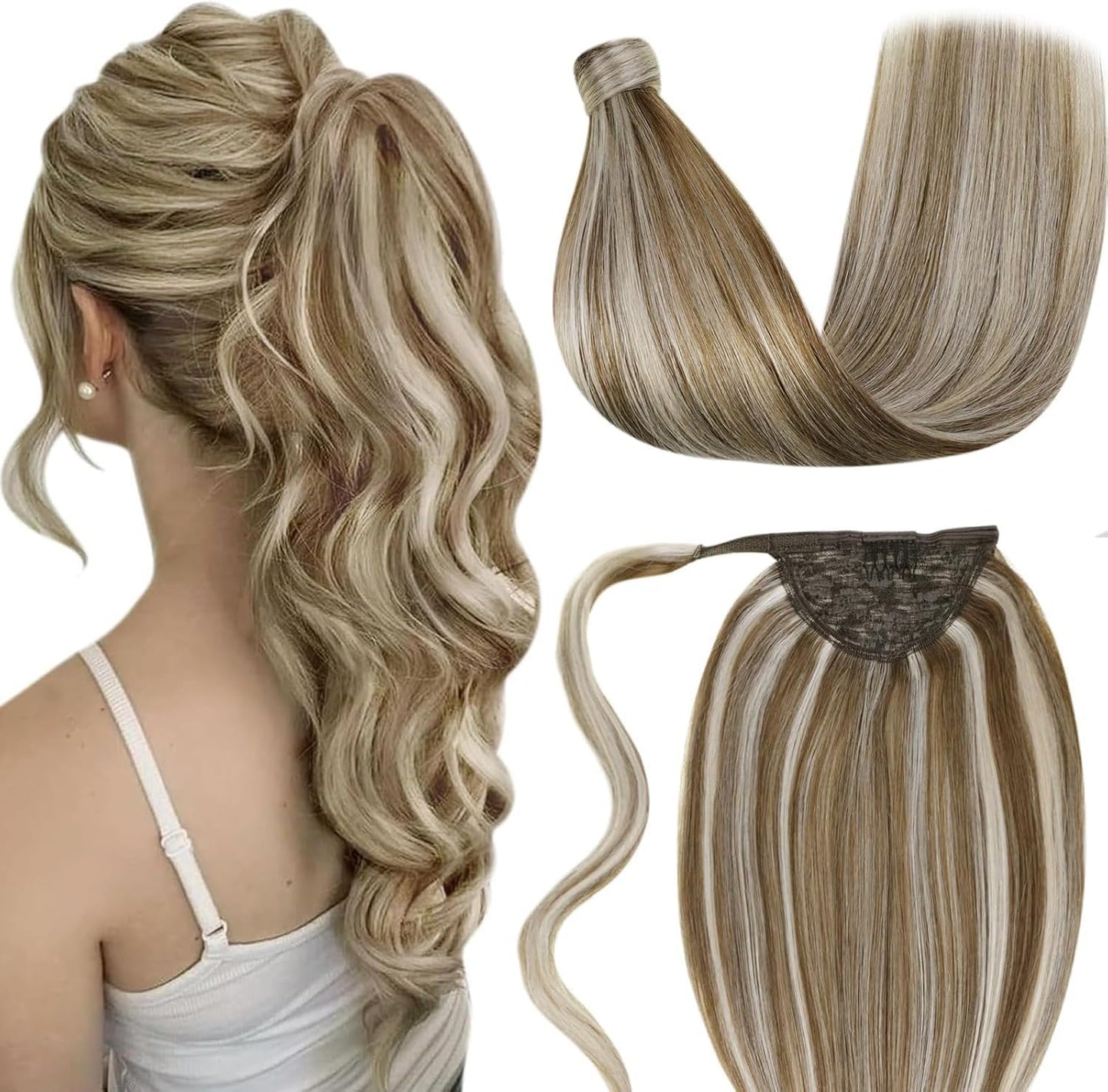 LaaVoo Ponytail Extension Human Hair Blonde Ponytail Hair Extensions Gloden Brown Highlights Light Blonde Human Hair Ponytail Extension Short Straight 12 Inch 75g