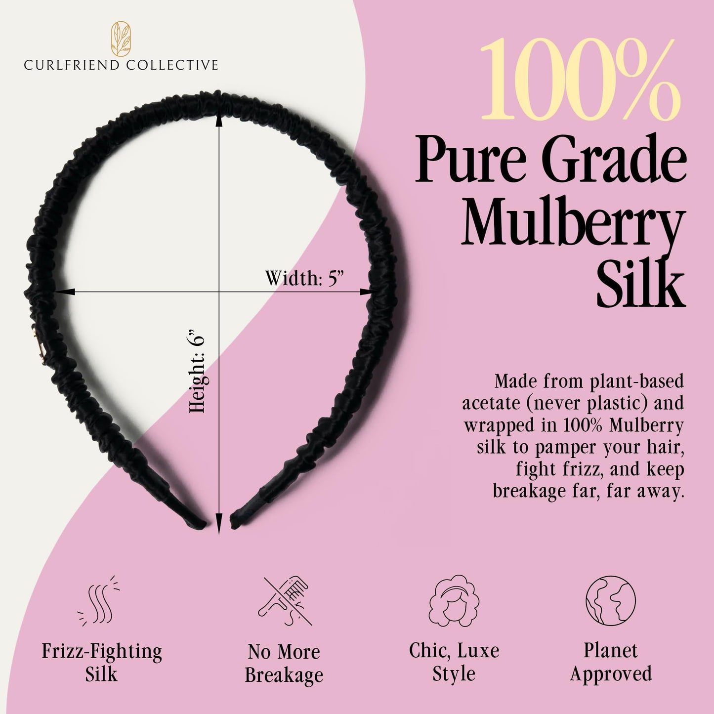 Curlfriend Collective Onyx Comfort Curve Silk Headband – Luxury 100% Mulberry Silk, No-Slip Headband for Women – Gentle, Headache-Free Fit for Curly, Coily & Textured Hair