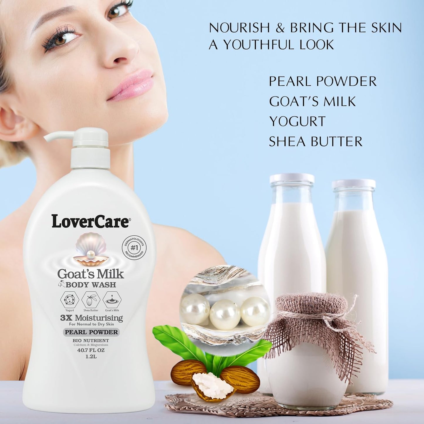 Goat's Milk Body Wash - Nourishing Shower Cream with Pearl Powder | 40.7 Oz (1200ml)