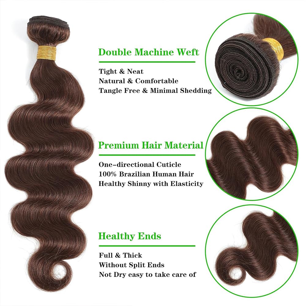 Dark Brown Bundles Color #4 Body Wave Human Hair Bundles 10 12 14 Inch Chocolate Brown Body Wave Bundles Human Hair Weave Double Weft Brazilian Virgin Remy Hair Extensions for Black Women