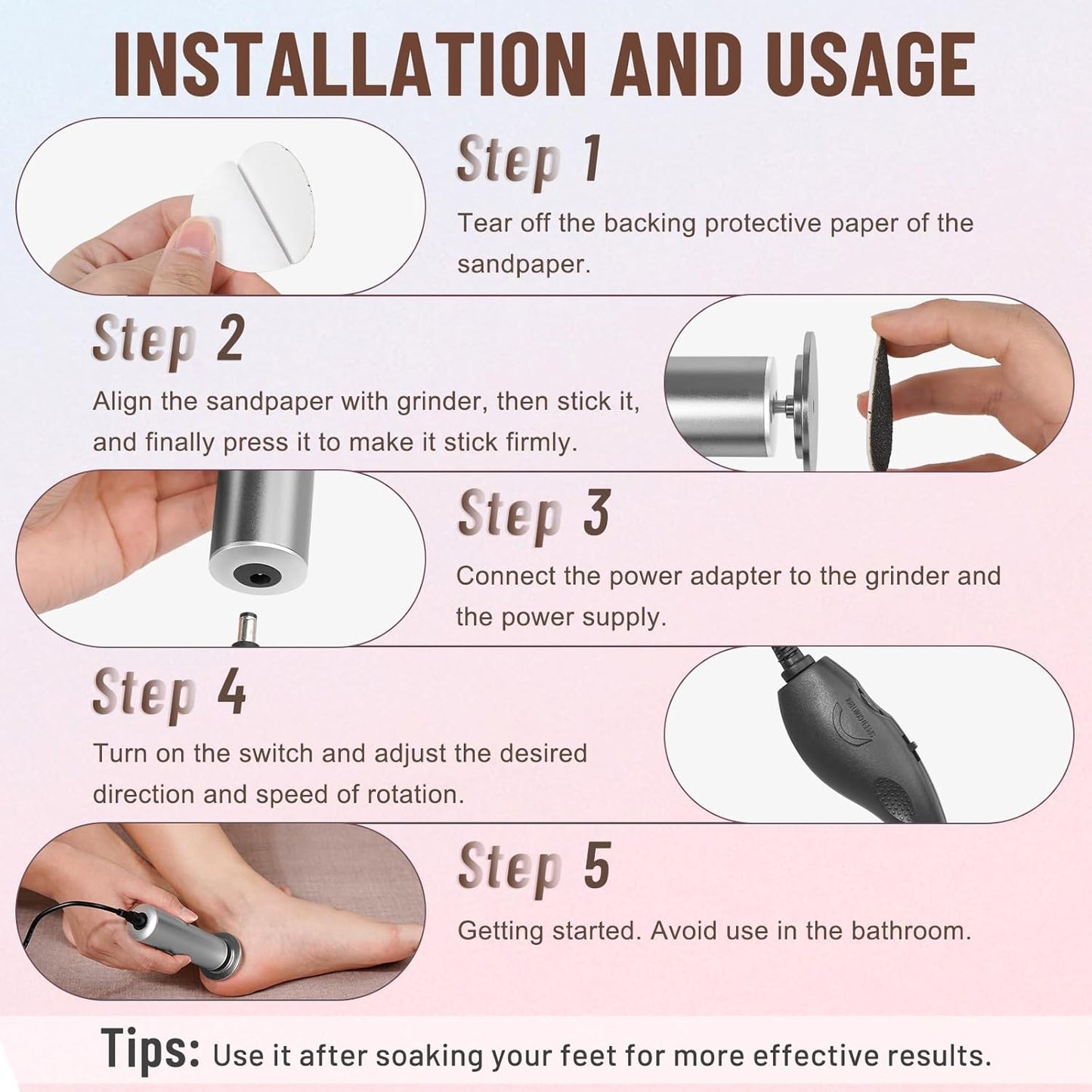 Professional Electric Foot File Callus Remover - Pedicure Tool with 60 Sandpaper Discs for Smooth Feet