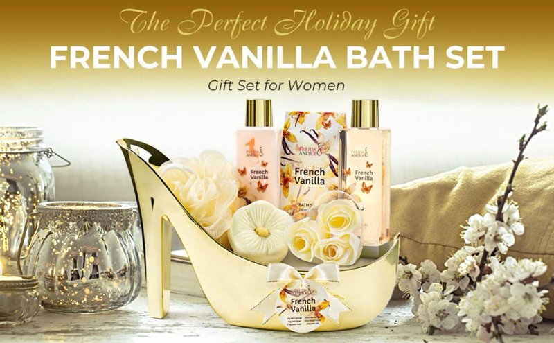 Elegant Bath Set in High Heel Shoe – Luxurious Spa Gift Basket for Women, Includes Shower Gel, Body Lotion, Bath Salts, Soap Flowers, Bath Fizzer & Sponge (French Vanilla) – Mother's
