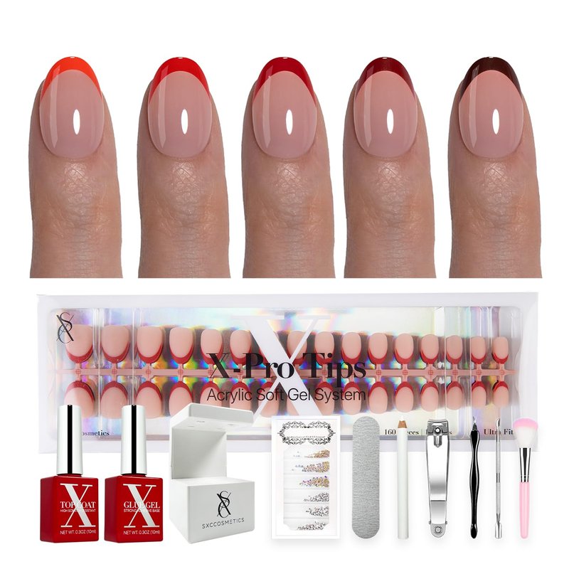 SXC Cosmetics French Tip Press On Nails – Red Series, Extra Short Almond Fake Nails X-Pro Tips Starter Kit | 160PCS, 16 Sizes, 5 Styles, Beginner-Friendly