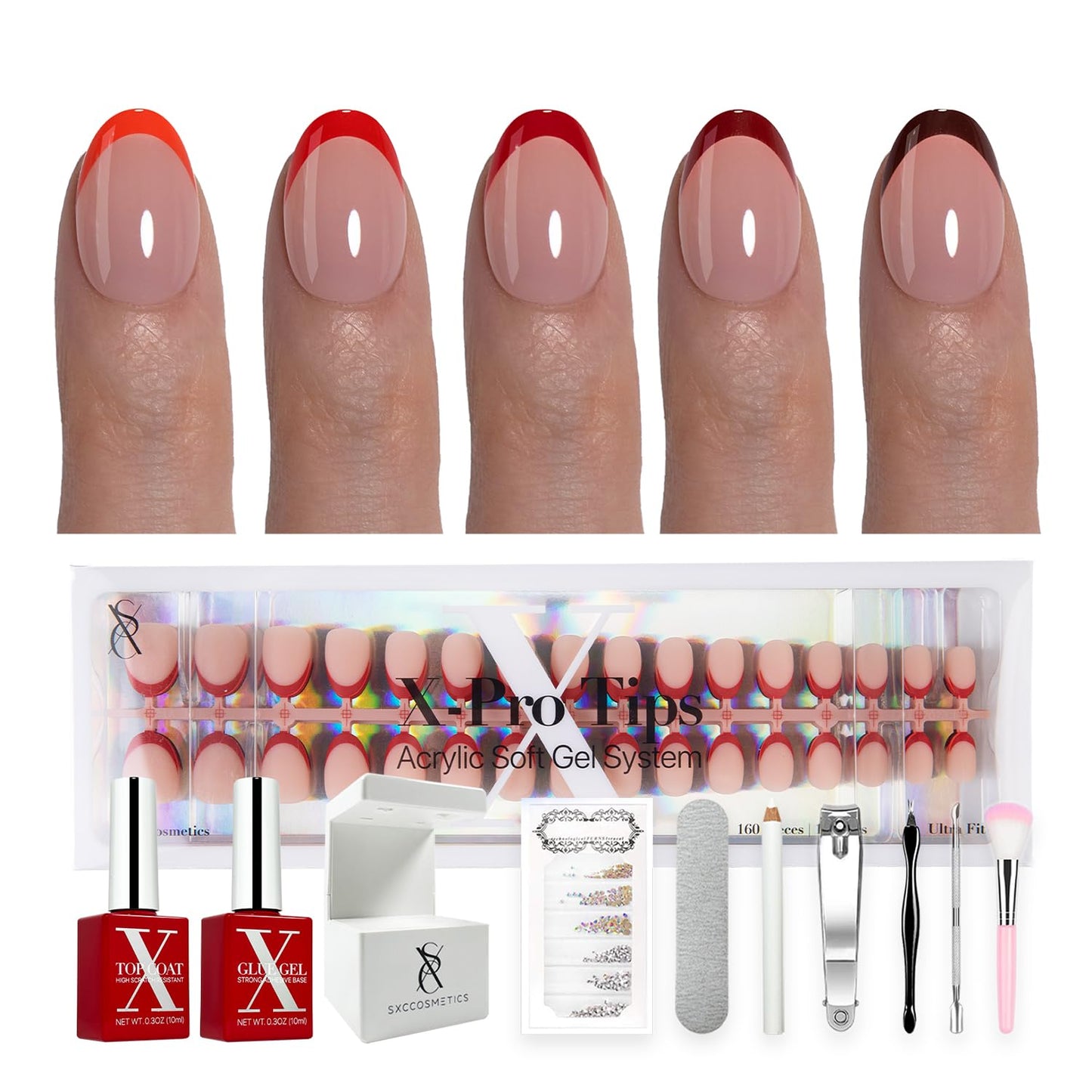 SXC Cosmetics French Tip Press On Nails – Red Series, Extra Short Almond Fake Nails X-Pro Tips Starter Kit | 160PCS, 16 Sizes, 5 Styles, Beginner-Friendly
