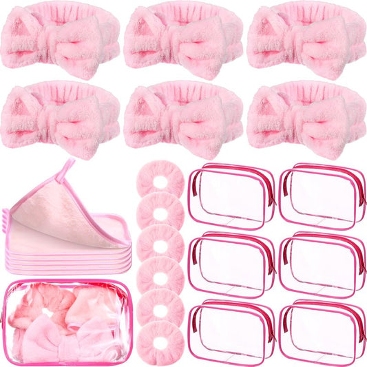 Mimorou 24 Pieces Sleepover Party Supplies for Women Spa Party Favors 6 Spa Headband 6 Velvet Scrunchies 6 Makeup Remover Cloth 6 Clear Cosmetic Bags for Mother Day Slumber Wedding Birthday(Pink)