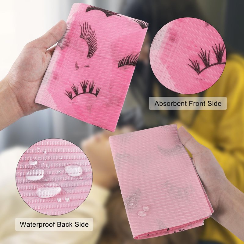 PRASNE Lashing Dental Bibs Disposable Pack of 50, Lash Pillow Cover of Lash Supplies, Pink 3-Ply Paper Poly Waterproof Towels, 13” x 18”, Black Eyelash Printed