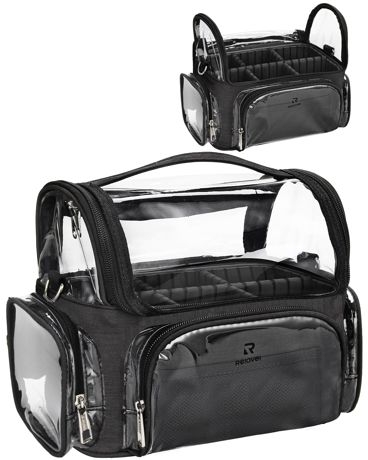 NAONAYA Makeup Brush Bag, Clear Makeup Brush Holder Professional Makeup Artist Travel Case Waterproof Cosmetic Organizer Bag, Full Open Easy to Access, with Adjustable Shoulder Strap and Dividers