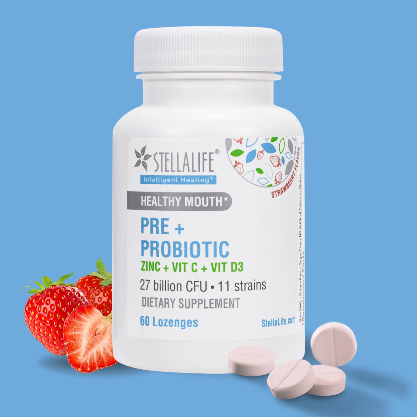 StellaLife Oral Prebiotic & Probiotic Lozenges for Teeth and Gums – 27B CFU, 11 Strains, Dental Probiotic for Bad Breath, Immune Support with VIT C, D3 & Zinc (Strawberry Flavor) 60 Day
