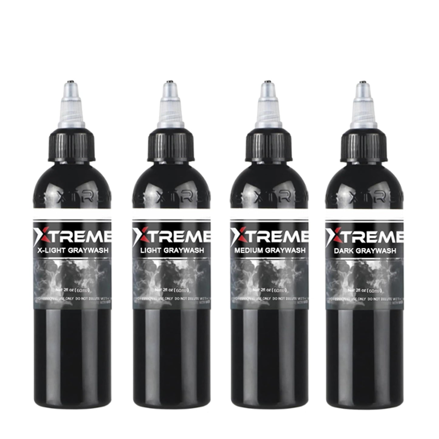 Xtreme Ink Greywash Set, Unleash Artistry with Subtle Shades, Extra Light, Light, Medium, and Dark Graywash, Ethical, Sterilized, and Ready-to-Use Tattoo Pigment Dispersion (Set of 4, 2 oz)