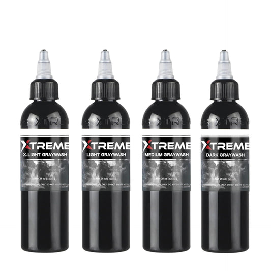 Xtreme Ink Greywash Set, Unleash Artistry with Subtle Shades, Extra Light, Light, Medium, and Dark Graywash, Ethical, Sterilized, and Ready-to-Use Tattoo Pigment Dispersion (Set of 4, 2 oz)