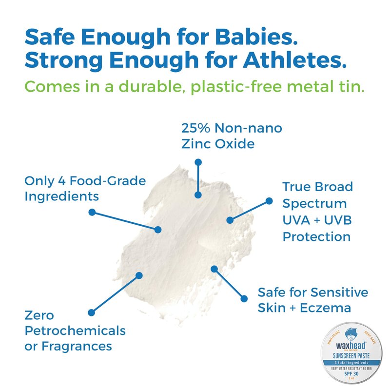 Waxhead Zinc Oxide Sunscreen Paste SPF 30, Nose Sunscreen Sunblock, Surf Lifeguard Face Protection, Reef Safe Mineral Formula for Sensitive Skin Kids, 80 Min Water Resistant, Travel Size 2 oz