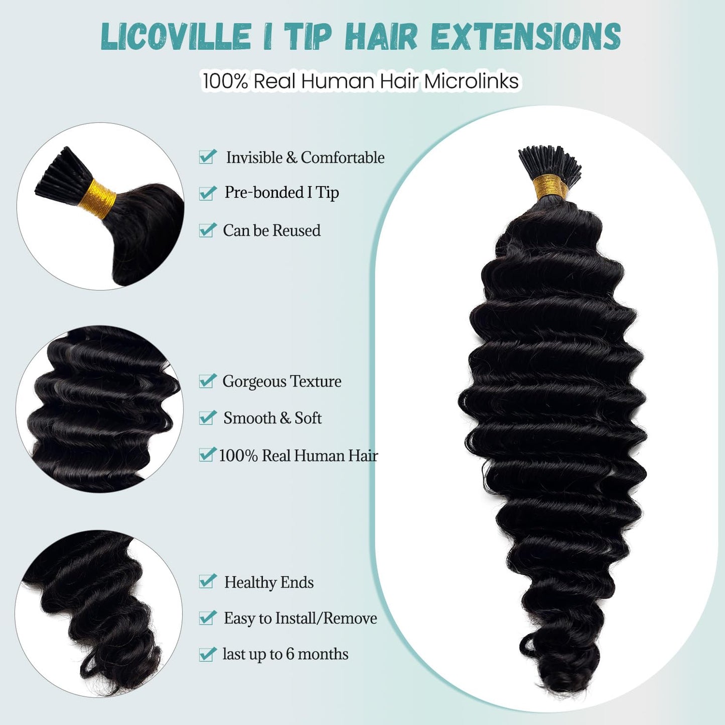 Deep Wave Human Hair Itip Extensions 22 Inch Black Curly I Tip Extensions