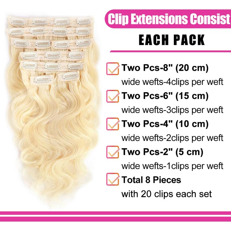 Blonde Clip-In Hair Extensions - 12 Inch Body Wave 613 | 8 Pcs, 110g Real Human Hair