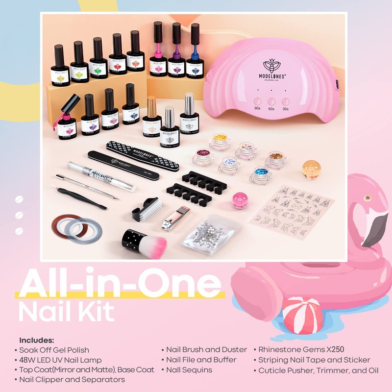 Modelones Gel Nail Polish Kit with U V Light, 12 Colors Neon Red Pink Rainbow Nail Gel Kit with 48W Nail Lamp Gel Base Top Coat Nail Art Glitter Rhinestone Gems DIY Starter Manicure Christmas Gift