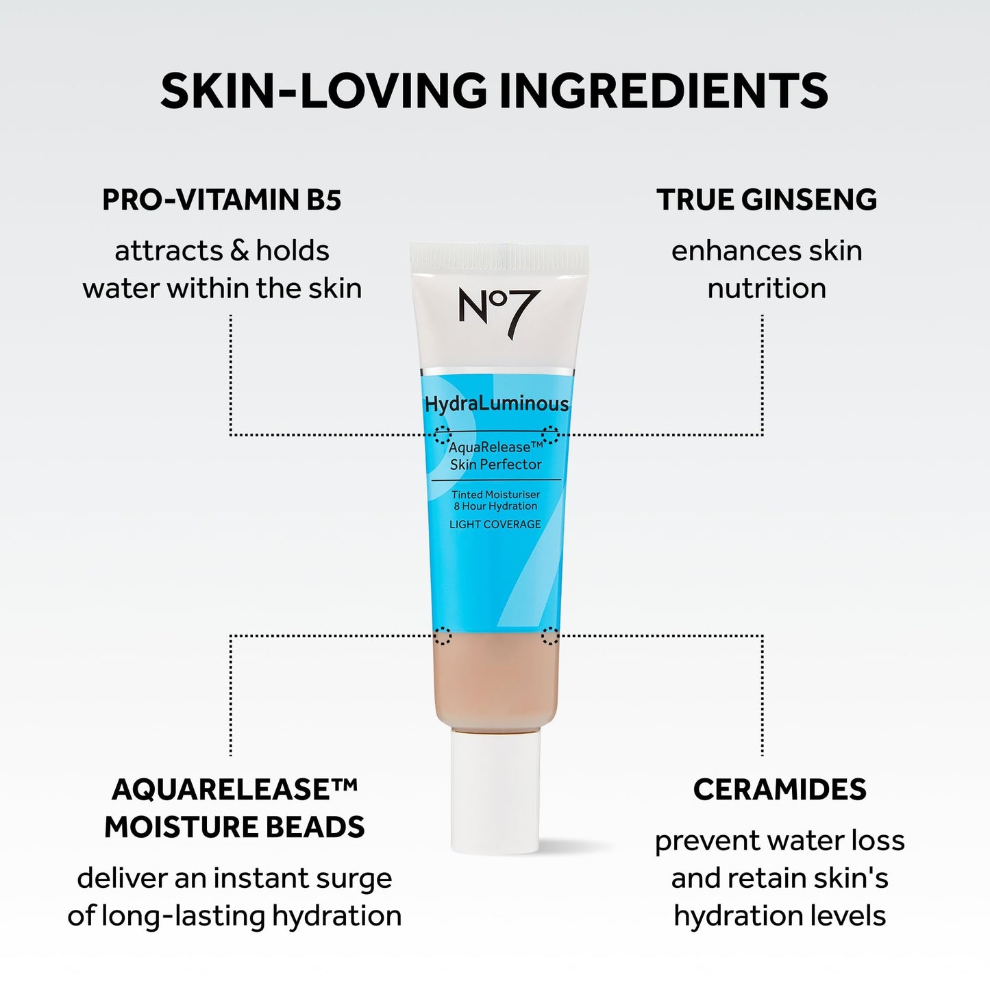 No7 HydraLuminous AquaRelease Skin Perfector - Hydrating Tinted Moisturizer & Foundation for Face - Ceramides & Vitamin B5 for Long Lasting Skin Hydration (30 ml)