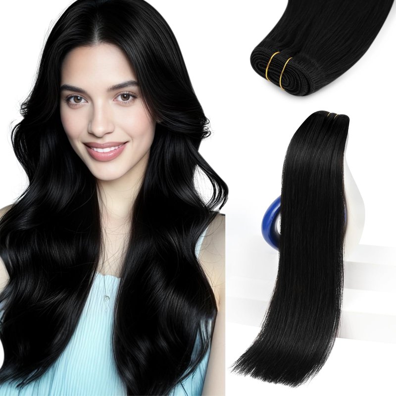 Sunny Hair Sew in Hair Extensions Real Human Hair 22 Inch 100G Jet Black Double Layered Long Hand-Tied Bundles Straight Smooth Hair Full Head for Women Add Length