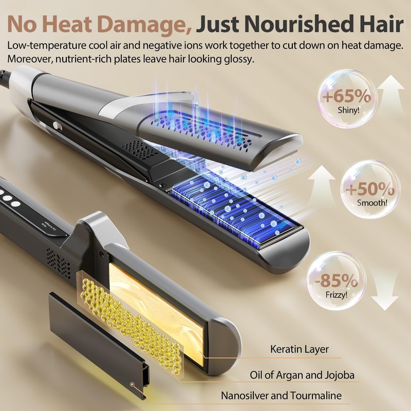 Quico Air Straightener, Ionic Wet to Dry Hair Straightener with High-Speed Airflow, 5 Temps & Dual Voltage 2-in-1 Flat Iron and Hair Blow Dryer Straightener, No Heat Damage, No Hot Plates, Black Grey