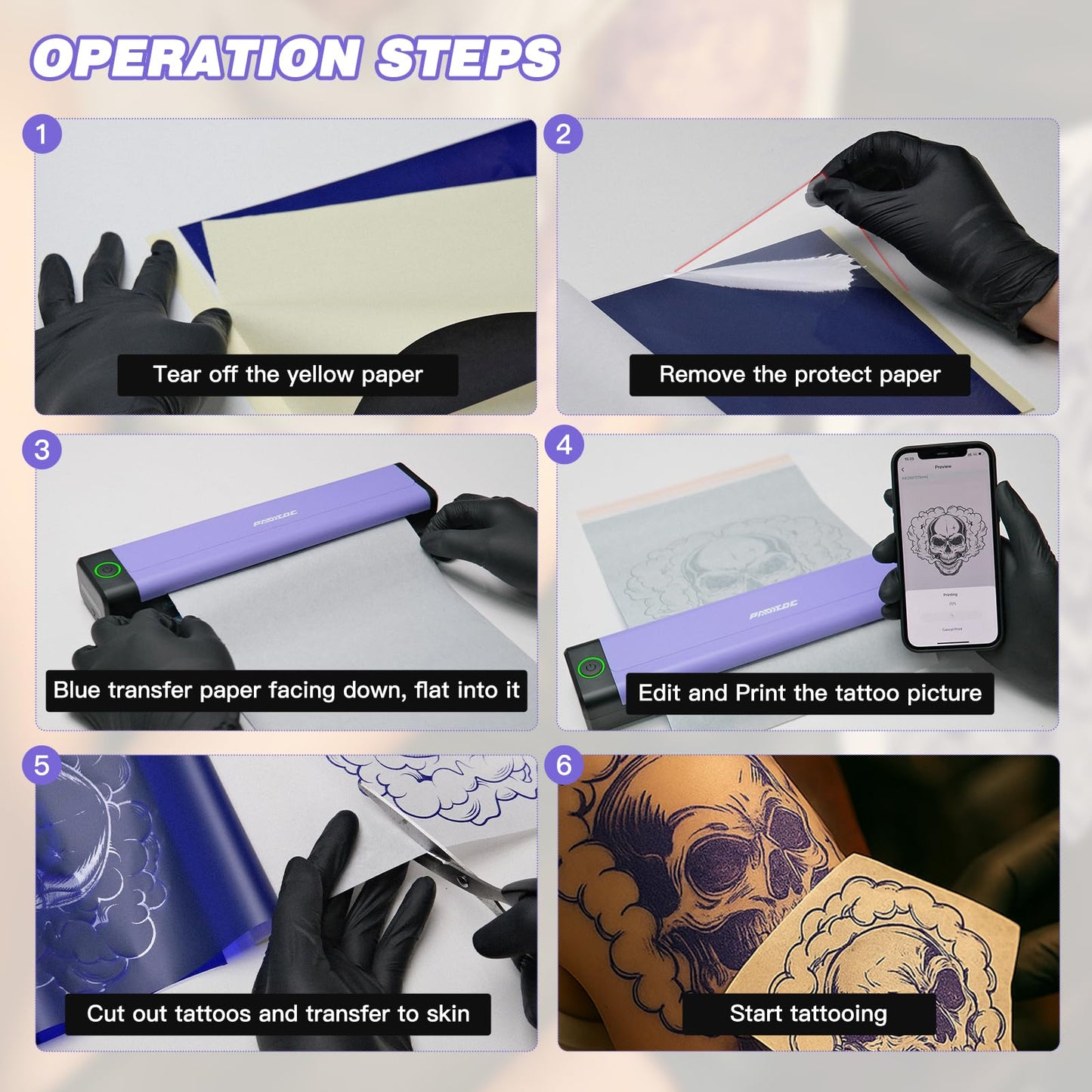 Padieoe Tattoo Stencil Printer with 10Pcs Transfer Paper - Bluetooth, Wireless, 2000mAh - Portable Thermal Printer Machine for Tattooist- 11.5x2.6x1.8in - Purple