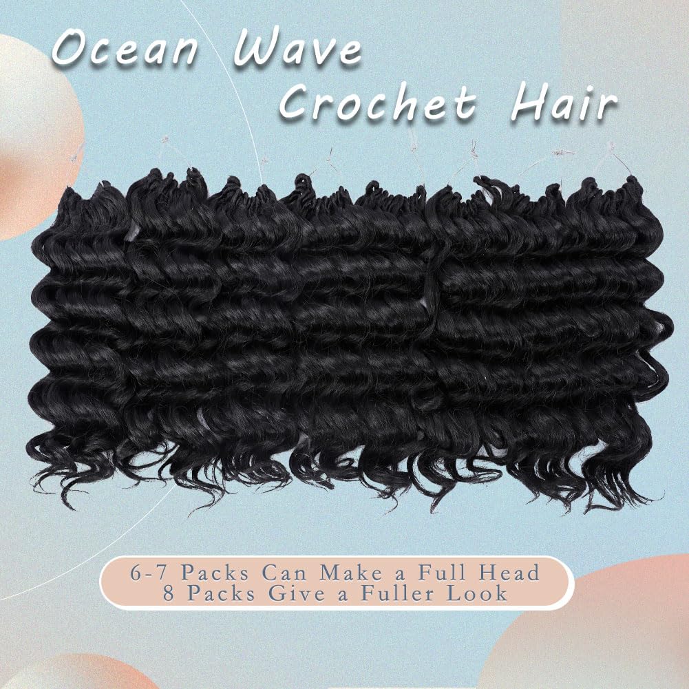 Ocean Wave Crochet Hair for Women 14 Inch, 8 Packs Deep Wave Braiding Hair Pre Looprd Short Curly Beach Curl Crochet Braids Pre Looped (1B#)