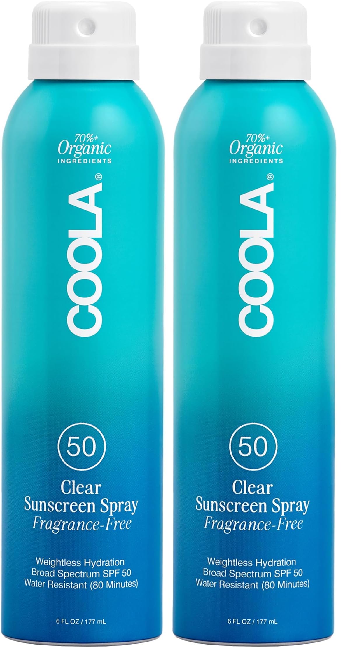 COOLA Organic Sunscreen SPF 50 Sunblock Spray, Dermatologist Tested Skin Care For Daily Protection, Vegan and Gluten Free, Fragrance Free, 6 Fl Oz (Pack of 2)