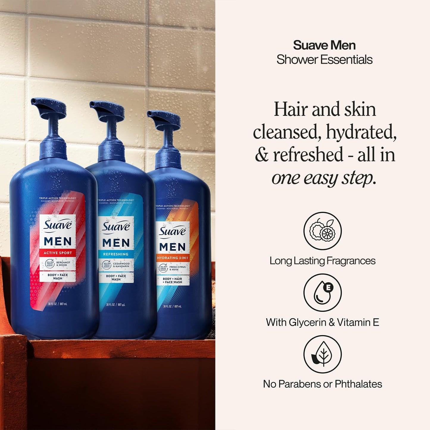Suave Men Body & Hair Care Variety 3-Pack – Energizing Sport, Refreshing Body + Face Wash, and Hydrating 3-in-1 Hair + Body + Face Wash, 30 Oz Ea