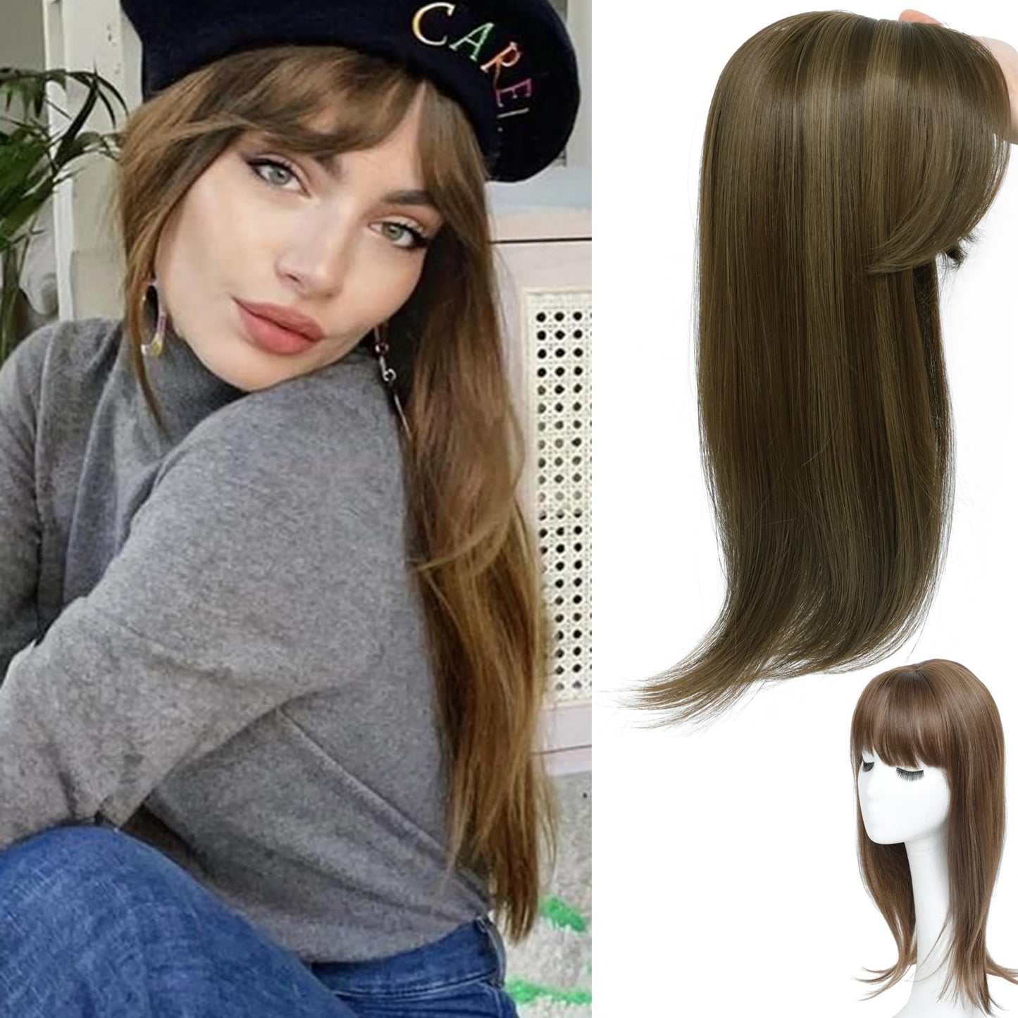 RMYHIG Hair Topper, 360° 3D Hair Toppers for Women with Thinning, 18 Inch Long Pieces for Women Clip in Wispy or Side Bangs(Dark Brown with High lights, 3D Wispy Bangs)