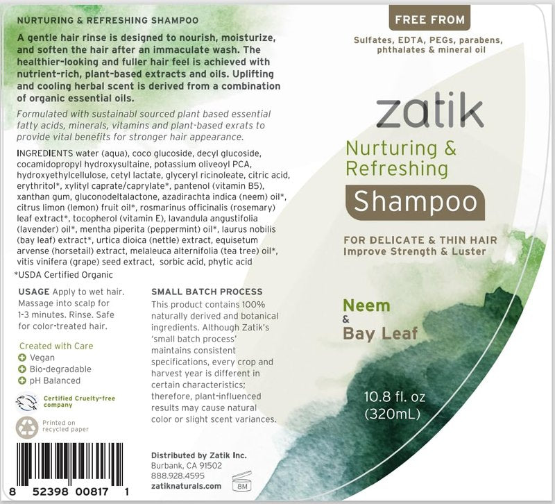 Zatik Naturals - Nurturing and Refreshing Shampoo + Conditioner Set, with Neem & Bay Leaf for Dry, Fine, Delicate Hair - Biodegradable, pH Balanced, Sulfates & Phthalates Free, 2x10.8oz (One of Each)