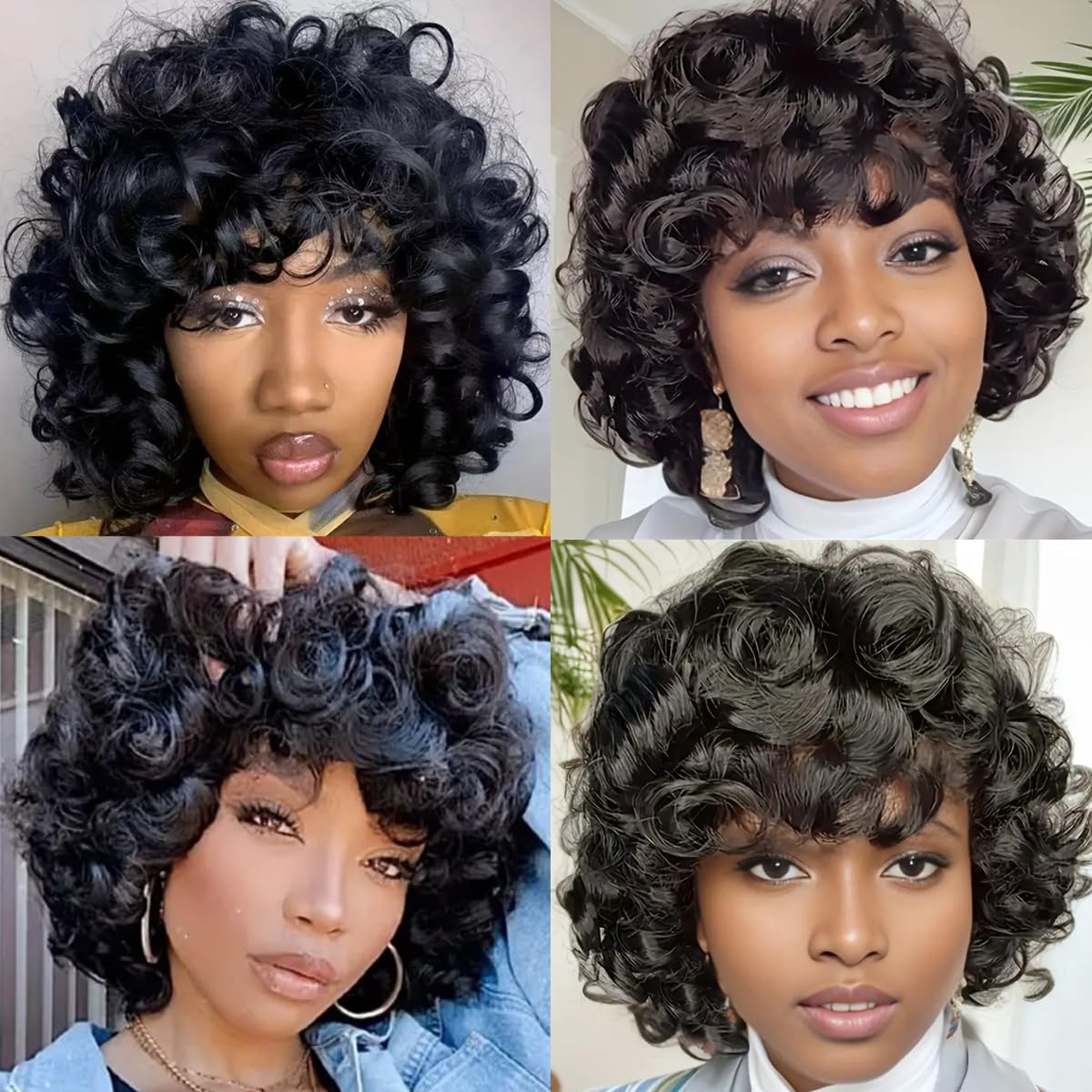 PECWU Short Curly Wigs With Bangs 100 percent Human Hair for Black Women Glueless Pelucas De Mujer Pelo Humano Funmi Curly Bob Human Hair Wig Natural Loose Wig Afro Curly Wig Bouncy Wig 10"