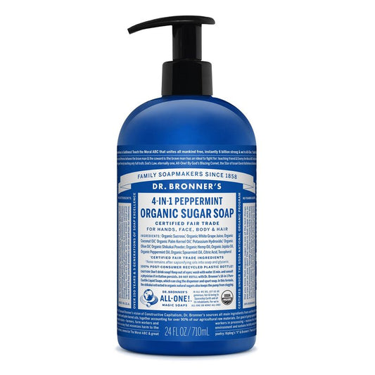 Dr. Bronner's - Organic Sugar Soap (Peppermint, 24 Ounce) - Made with Organic Oils, Sugar & Shikakai Powder, 4-in-1 Uses: Hands, Body, Face & Hair, Cleanses, Moisturizes & Nourishes, Vegan