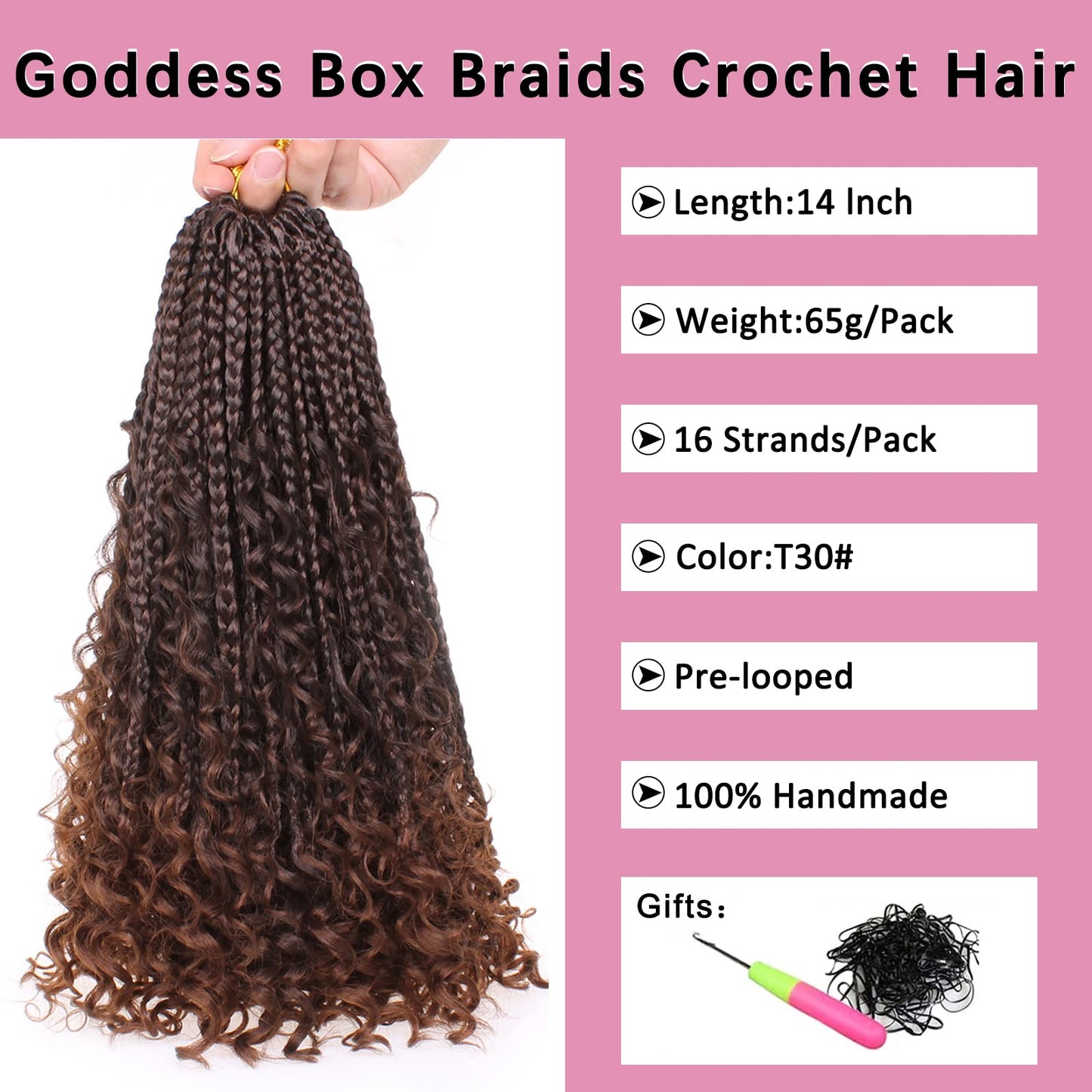 COOKOO 14 Inch Goddess Box Braids Crochet Hair With Curly Ends 8 Pack Synthetic Bohomian Hippie Box Braids Crochet Hair Pre Looped Braiding Hair Extension for Black Women T30#