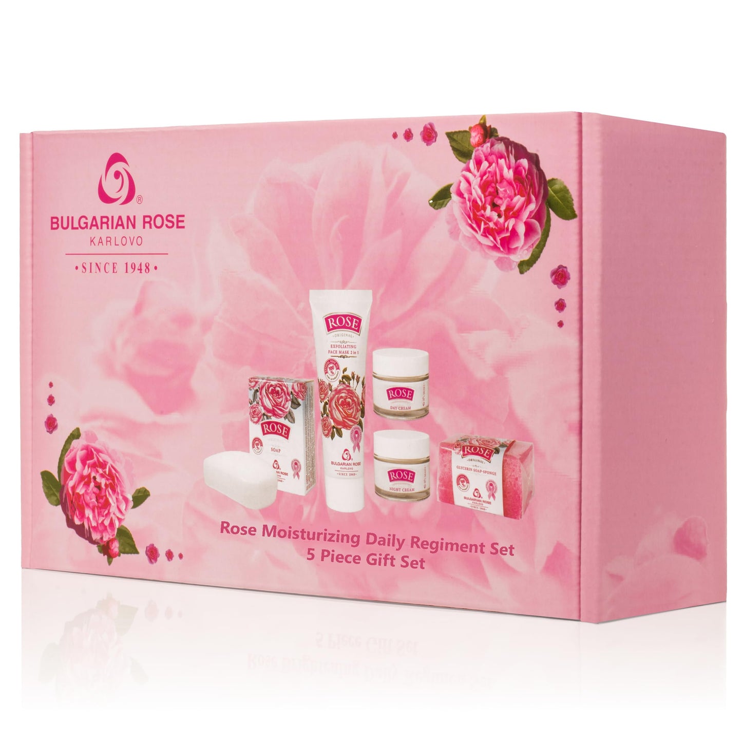 Bulgarian Rose Moisturizing Daily Regimen 5 Piece Gift Set - Day Cream, Night Cream, Exfoliating Face Mask, Bar Soap, Soapsponge