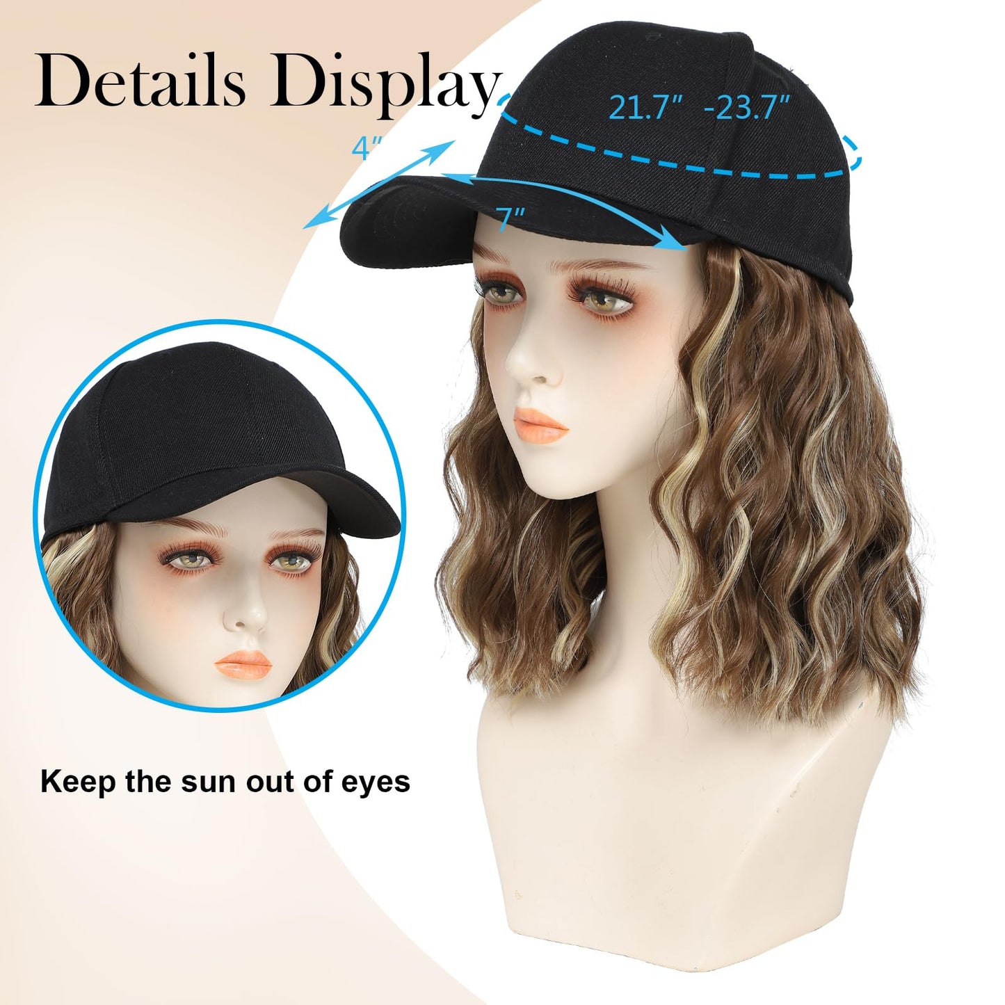 AliRobam Synthetic Wig Hat with Natural Wave Hair Extensions Attached for Woman Baseball Cap Wig Mix Brown Blonde Short Curly Wavy Hairstyle Adjustable Daily Outdoor Use(Mbrown blonde, 14inch)