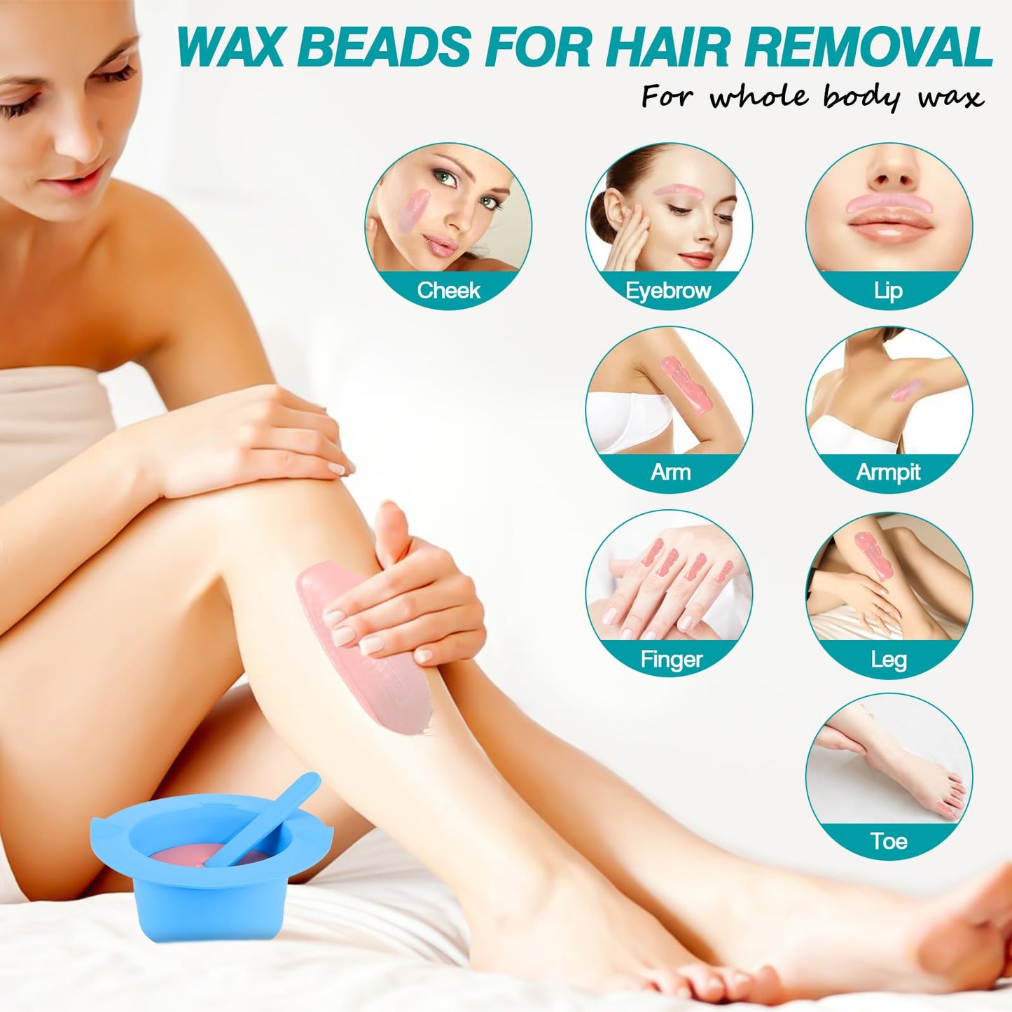 3lb Bulk Hard Wax Beads, Professional Waxing Bead for Brazilian, Bikini, Body, Face, Legs, Coarse Hair Hair Removal, Stripless Wax beans, Salons Supplier Wax Bead Refill, 1 Silicone Pot and 5 Sticks