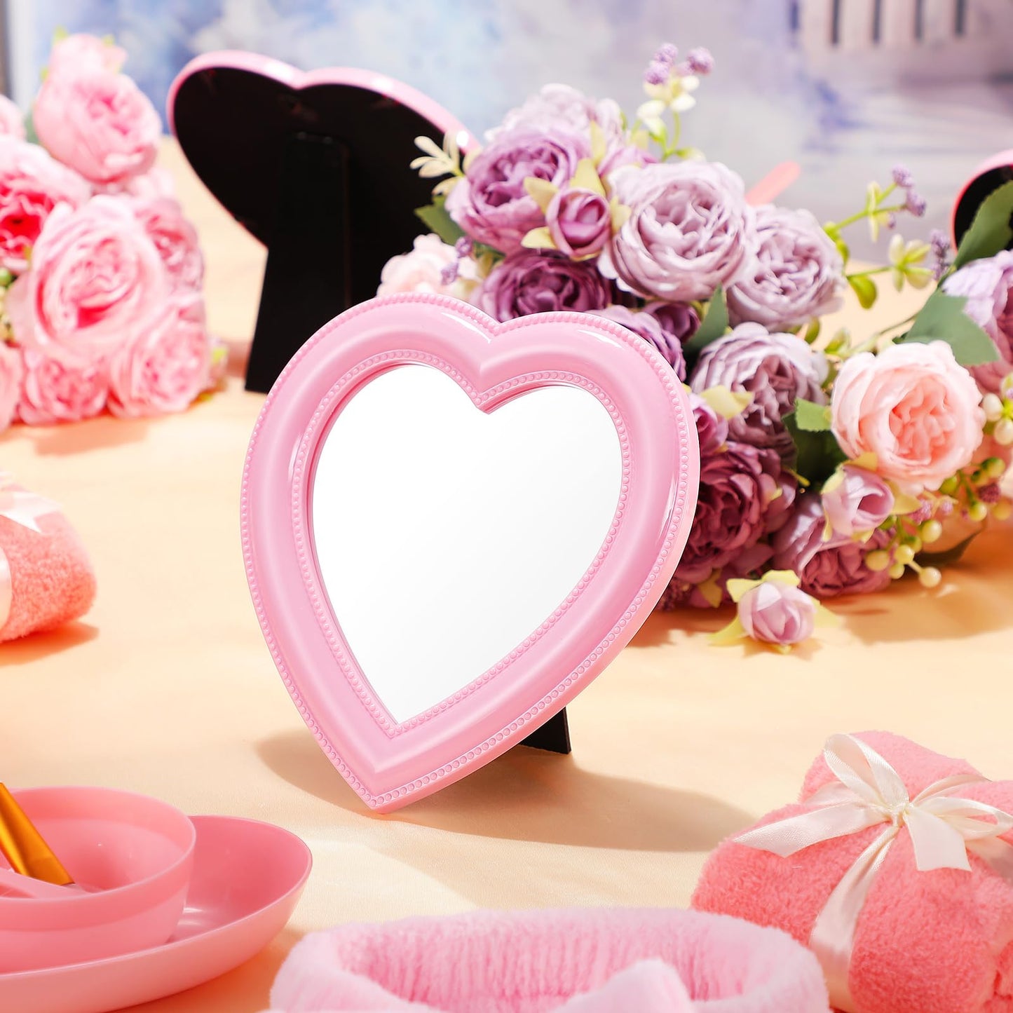 GlikCeil 8 Pcs Spa Party Supplies 8 Heart Mirror Pink Makeup Mirror for Women Sleepover Party Spa Slumber Birthday Favor
