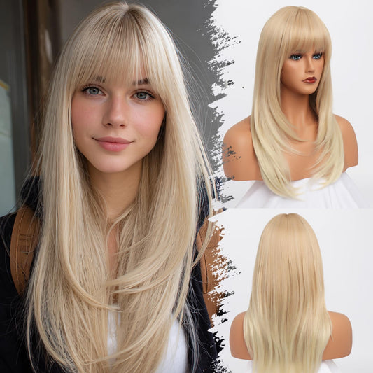 EssionTech 613 Blonde Wig With Bangs Long Wavy Straight Wig with Layered Hair Synthetic Heat Resistant Wigs for Women Daily Party Use 26 Inches