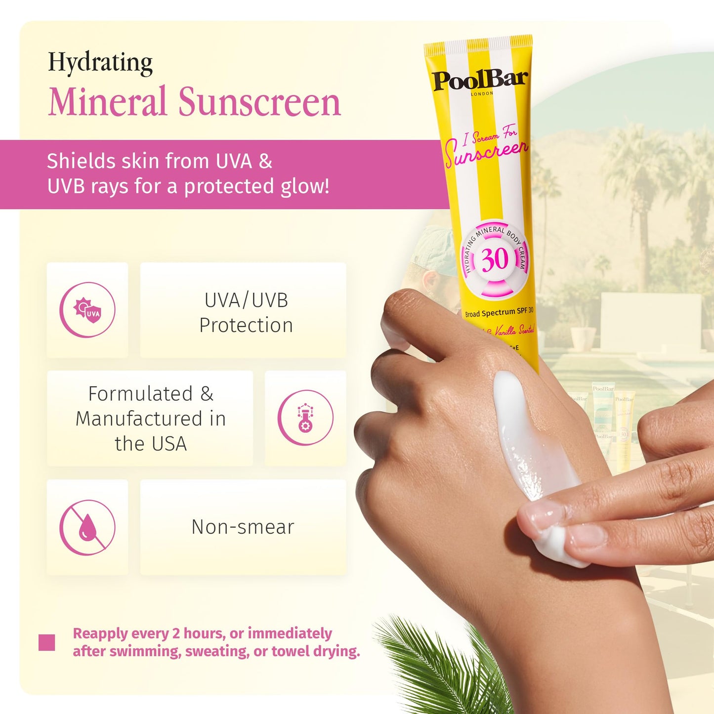 PoolBar SPF 30 Hydrating Mineral Body Sunscreen Cream for Women and Men Skin Care - Coconut Vanilla Scent Sun Care, Vegan and Water Resistant, Broad Spectrum Sunscreen, 140 ml (4.7 Fl. Oz) (Pack of 3)