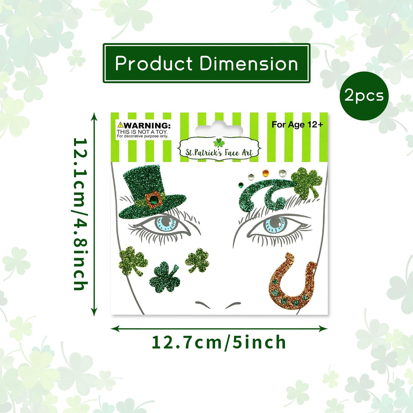 St. Patrick’s Day Face Gems Sticker,Glitter Shamrock Face Sticker for Women,Clover Temporary Stickers,Waterproof Sticker Face Eye Decoration for Adult Child 2Sheets