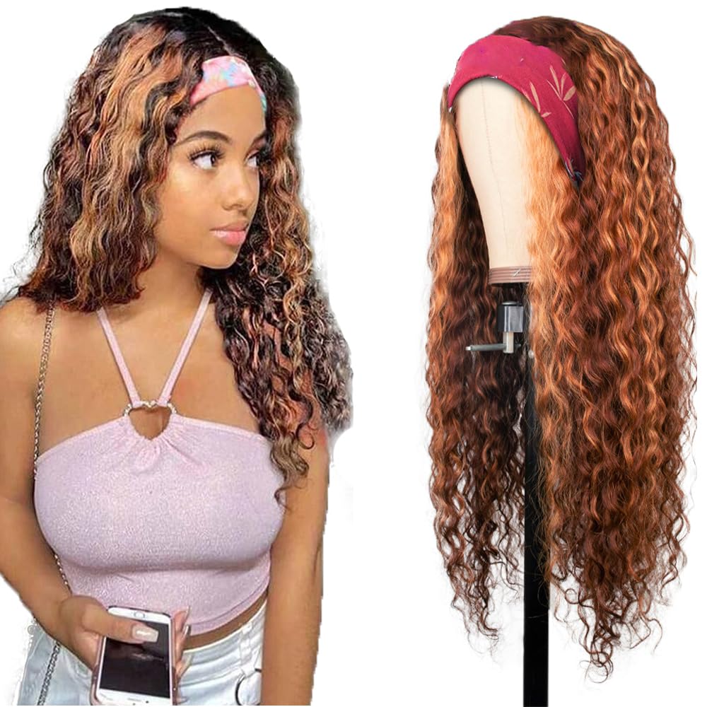 YiweYowe 16 Inch P430 Highlight Brown Headband Wig Human Hair 150% Density Grade 8A Unprocessed Brazilian Virgin Hairs Machine Made Brown Deep Wave Headband Wig Human Hair For Woman