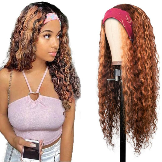 YiweYowe 16 Inch P430 Highlight Brown Headband Wig Human Hair 150% Density Grade 8A Unprocessed Brazilian Virgin Hairs Machine Made Brown Deep Wave Headband Wig Human Hair For Woman