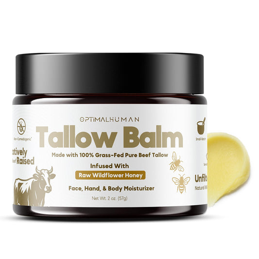 O H OPTIMAL HUMAN Grass-Fed Tallow Balm with Raw Honey, Face & Body - 2 Oz