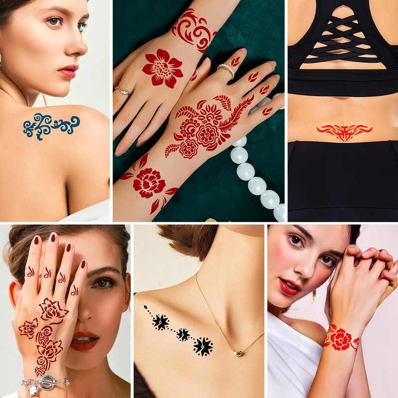 Temporary Tattoo Henna Kit Safe & Easy Fake 12 Bottles 11 Colors Ink 18 Big Pcs Stencils for Adults/Kids-fake tattoos (Black×2, Red, Green, Purple, Orange, Navy Blue, Brown, Pink, Grey, Yellow)