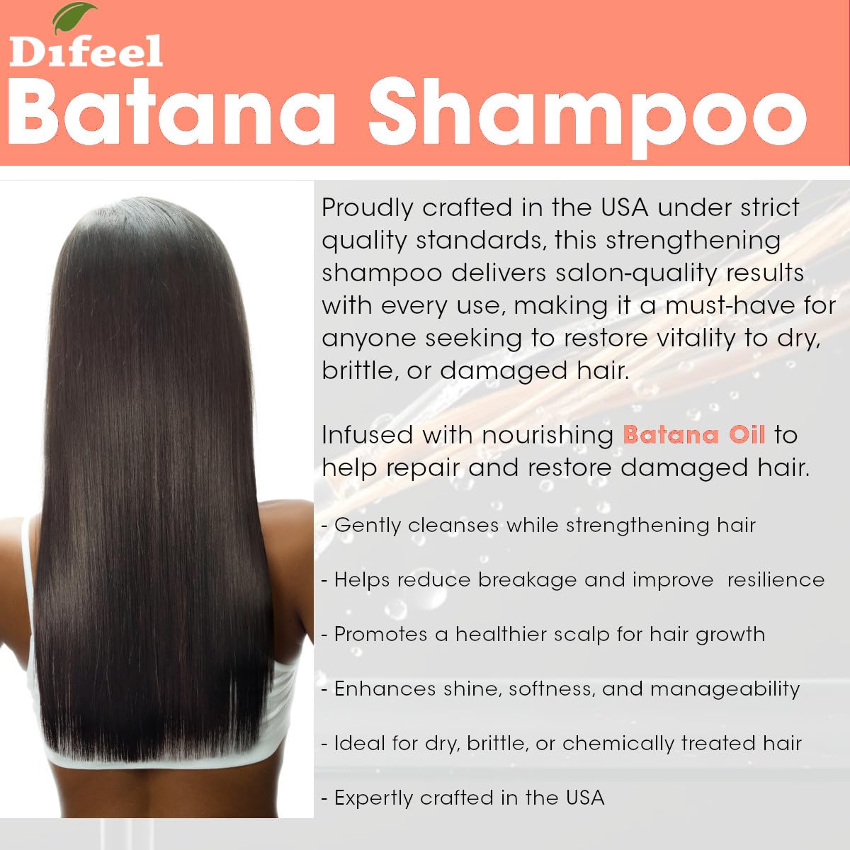 Difeel Batana Shampoo - Strengthening Sulfate-Free Formula for Thicker, Smoother Hair | 12 Ounces