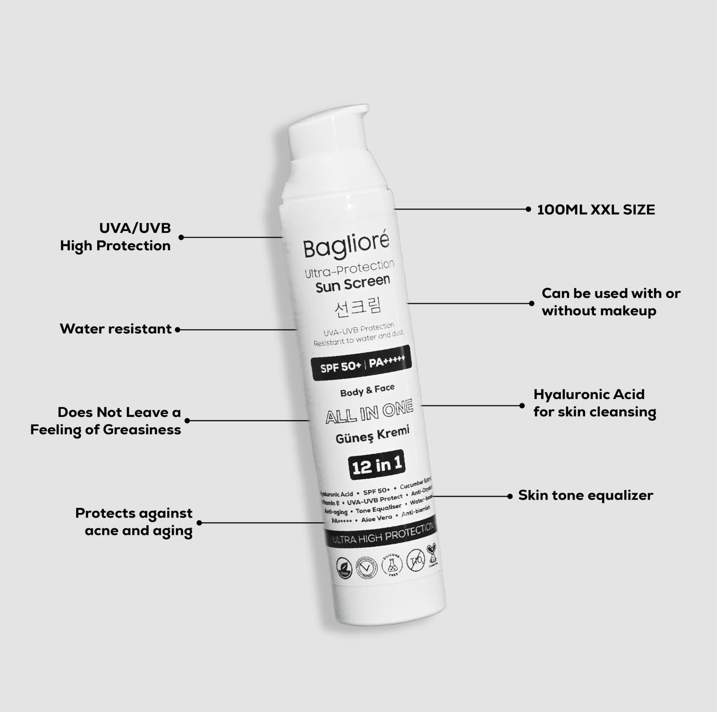 Bagliore Ultra-Protection Sunscreen, SPF 50+, Moisturizer with Zinc Oxide & Hyaluronic Acid, PA+++++, 12 in 1, Body & Face, 3.38 fl oz
