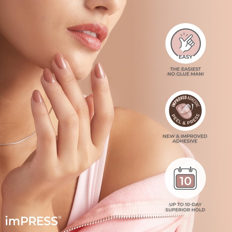 KISS imPRESS No Glue Mani Press On Nails, Bare but Better, 'Serenity', Medium Pink, Medium Size, Almond Shape, Includes 30 Nails, Prep Pad, Instructions Sheet, 1 Manicure Stick, 1 Mini File