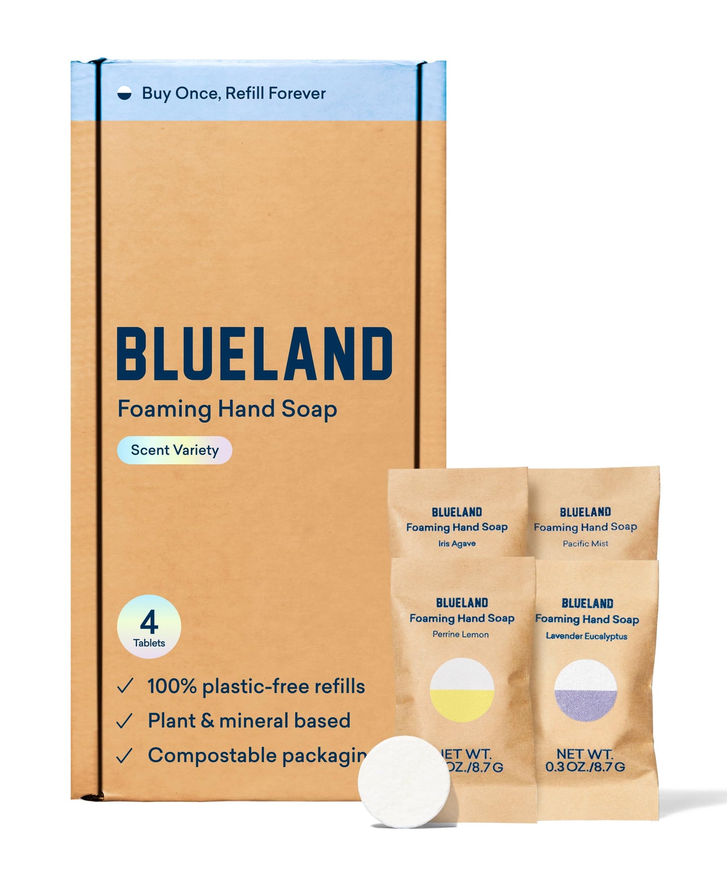BLUELAND Clean Home Kit Refills (4P) | Foaming Hand Soap Tablet Refills | Multi-surface All Purpose Cleaner Refill Tablet | Bathroom Cleaner Refill Tablet | Eco Friendly Products & Cleaning Supplies