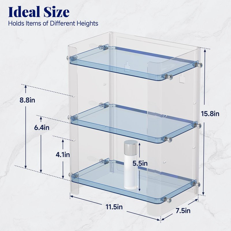 Delamu Bathroom Countertop Organizer, 3 Tier Adjustable Corner Makeup & Skincare Organizer with Protective Guard Rail, Transparent Design for Vanity, Bathroom Counter, Ideal for Girls